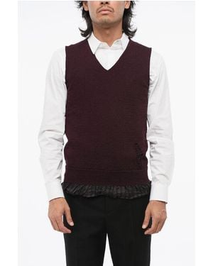 Maison Margiela Mm14 Wool Vintage-Effect Gilet With Striped Lining - Purple