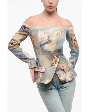 Balmain Patterned Linen Off-Shoulder Blazer - Grey