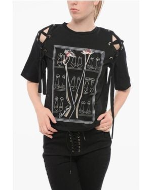Elisabetta Franchi Jeans Printed T-Shirt With Lace-Up Detail - Black
