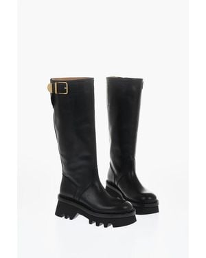 Chloé Leather Knee-High Boots With Buckle Detail And Tank Sole - Black