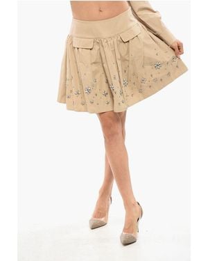 Self-Portrait Embellished Jewels Pleated Cotton Flared Skirt - Natural