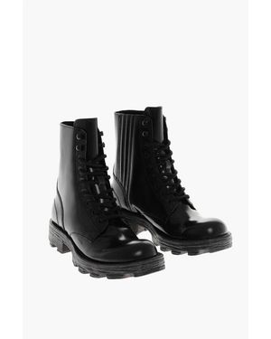 DIESEL Lace-Up Leather Combat Boots Hammer With Lug Sole - Black