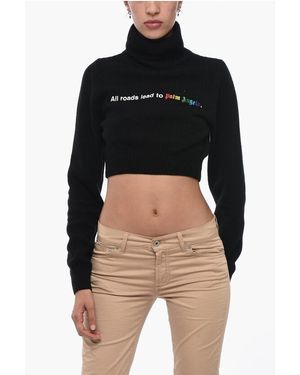 Palm Angels Embroidered Cropped All Roads Turtle Neck Jumper - Black