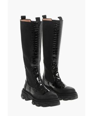 Ganni Crocodile Effect Faux Leather Knee Chelsea Boots With Side E - Black