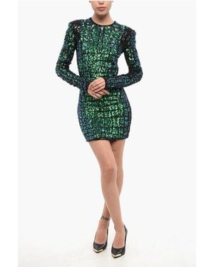 Balmain Long Sleeved Sequined Mini Dress - Green