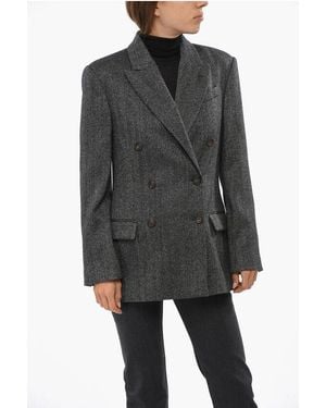 Brunello Cucinelli Herringbone Wool Virgin Blend Double Breasted Blazer - Grey
