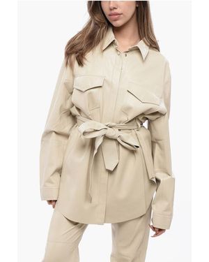 Nanushka Faux Leather Artha Overshirt With Belt - Natural