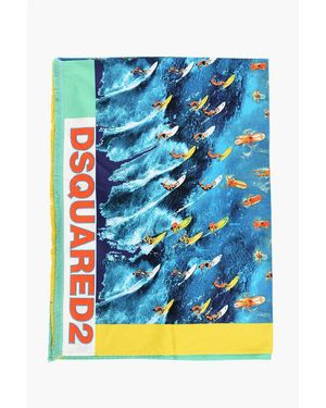 DSquared² Patterned Cotton Beach Towel With Fringes - Blue