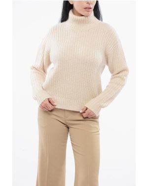 Gucci Turtleneck Cashmere Blend Pullover With Ton Sur Ton Logo - Natural