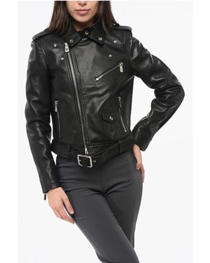 Pinko Biker Leather Jacket With Belt - Black