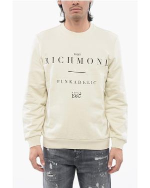 John Richmond Brushed Cotton Crewneck Sweatshirt With Logo Print - Natural