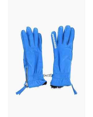 DSquared² Leather Gloves With Half Zip And Real Fur Inner - Blue