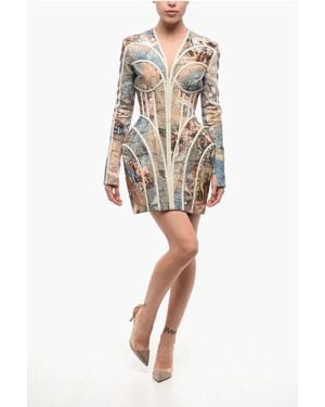 Balmain V-Neck Patterned Linen Cage Dress - Natural
