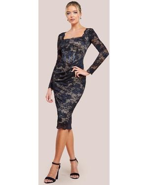 Goddiva Scalloped Lace Corset Bodice Midi Dress - Black