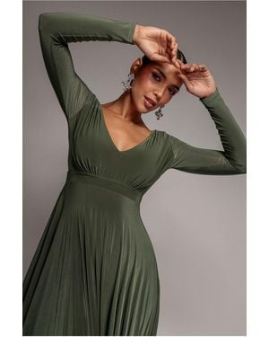 Goddiva Plunge Neck Long Sleeve A-Line Maxi Dress - Grey