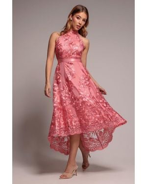 Goddiva Halter Neck Lace High And Low Dress - Pink