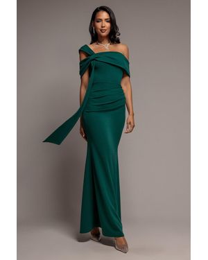Goddiva One Shoulder Twisted Bardot Asymmetric Mermaid Maxi Dress - Green