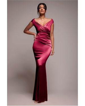 Goddiva Satin Off The Shoulder Maxi Dress - Red