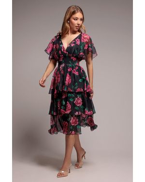 Goddiva Layered Floral Midi Flutter Sleeves - Pink