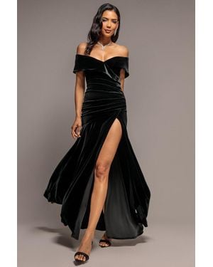 Goddiva Velvet Off Shoulder Pleated A Line Maxi Dress - Black