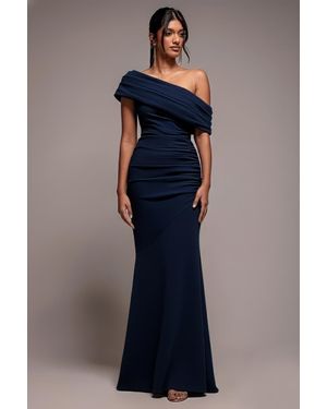 Goddiva Pleated One Shoulder Bardot Fit And Flare Maxi Dress - Blue