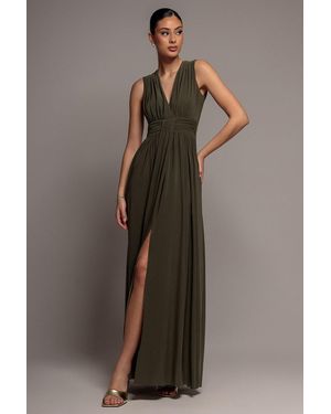 Goddiva Gathered Shoulder Wrap Neck Draped Waist Maxi Dress - Brown