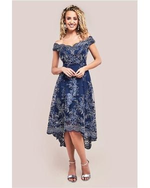 Goddiva Embroidered Lace Midi Asymmetrical Hem - Blue