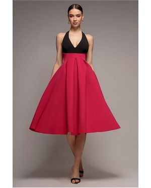 Goddiva Contrast Halter Neck Pleated A-Line Midaxi Dress - Pink