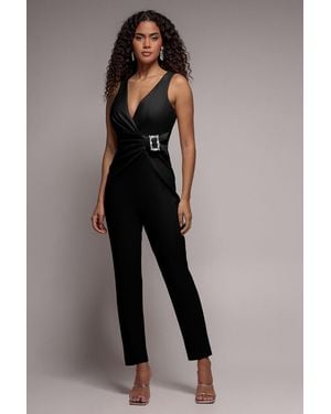 Goddiva Buckle Plunge Bow Detail Jumpsuit - Black