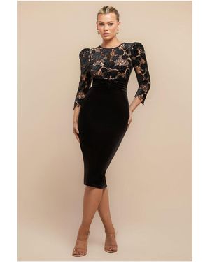 Goddiva Scalloped Crochet & Velvet Midi Dress - Black