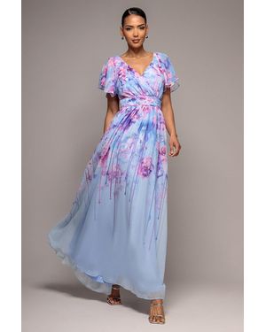 Goddiva Printed Silky Chiffon Flutter Sleeve Maxi Dress - Blue