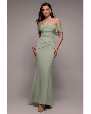Goddiva Bardot Scuba & Chiffon Cowl Maxi Dress - Grey