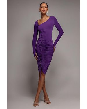 City Goddess Asymmetrical Neck Ruched Midi Dress - Purple