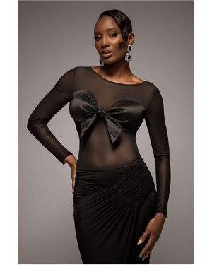 Goddiva Long Sleeve Mesh Sleeveless Taffeta Bow Top - Black
