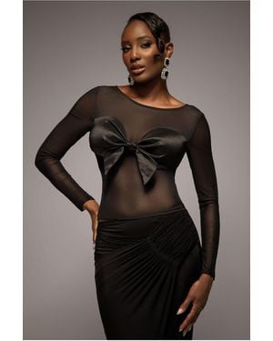 Goddiva Long Sleeve Mesh Sleeveless Taffeta Bow Top - Black