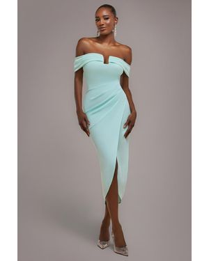 Goddiva Off The Shoulder Chiffon Wing Scuba Crepe Midi Dress - Blue