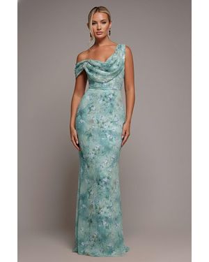 Goddiva One Shoulder Cowl Neck Chiffon Floral Maxi Dress - Blue