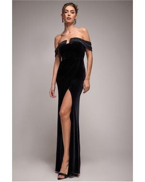 Goddiva Off Shoulder Hotfix Diamante Wing Velvet Maxi Dress - Black