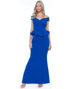 Goddiva Bardot Crossover Maxi Dress - Blue