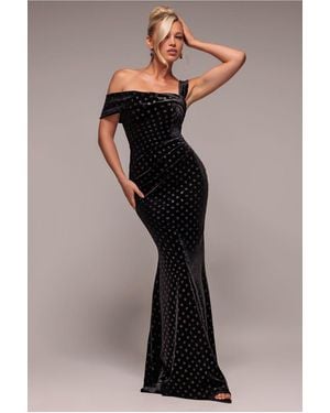 Goddiva Glitter Polka Dot Velvet One Shoulder Maxi Dress - Black