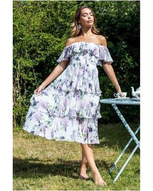 Goddiva Shirred Chiffon Floral Bardot Midi - Pink