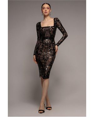 Goddiva Sequin Square Neck Bodycon Midi Dress With Scalloped Hem - Black