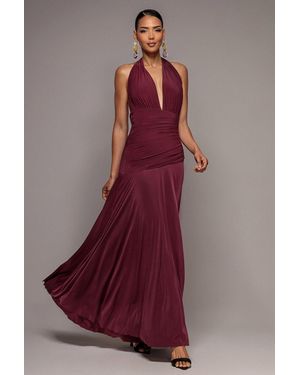 Goddiva Halter Neck Empire Waist Gathered Maxi Dress - Purple