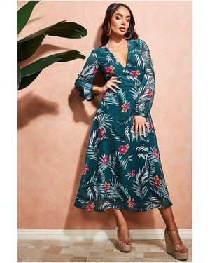 City Goddess Floral Print Wrap Midi Dress - Blue