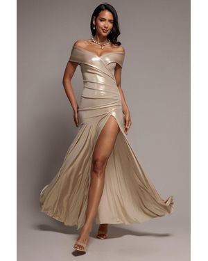 Goddiva Off Shoulder Bardot Pleated Foil Maxi Dress - Brown