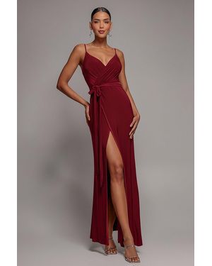 Goddiva Wrap Front Maxi Slip Dress With Waist Tie-Up - Red