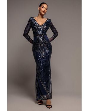 Goddiva Sequin & Mesh Embroidered Maxi Dress - Blue