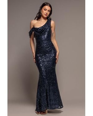 Goddiva Sequin Cowl One Shoulder Maxi Dress - Blue