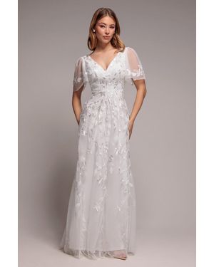Goddiva Flared Sleeve Embroidered Maxi Dress - White