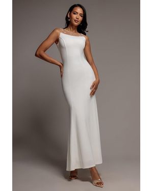 Goddiva Diamante Pearl Neck Scuba Crepe Sleeveless Maxi Dress - Grey
